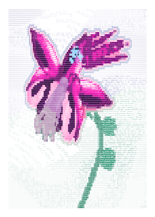 A single magenta columbine with sharply divided plum folds, mint stem and pale blue marks on white.