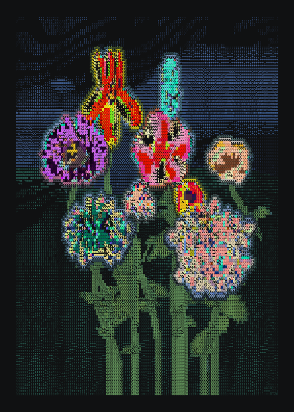 A varied bouquet of yellow, orange, pink and violet flowers above green foliage on black.